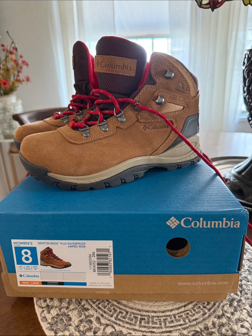 Columbia Newton Ridge Brown Suede Hiking Boots with Red Accents